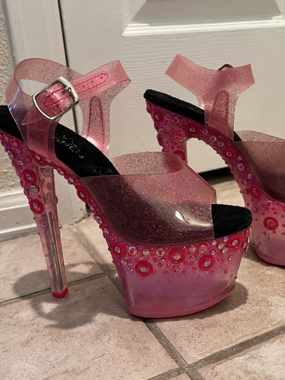 Sexy Pleaser Pink Glitter Platform Heels with Ankle Strap👠👠